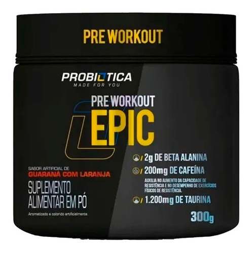 Suplemento probiótico en polvo Epic Pre-Workout con aminoácidos, cafeína, carbohidratos y vitaminas, sabor a guaraná con naranja, en un tarro de 300 ml