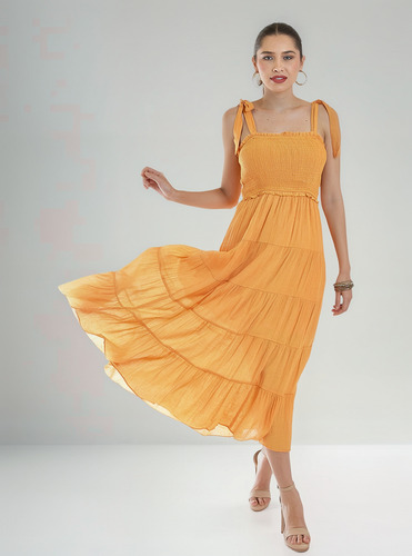Vestido Midi Con Smock Roman Fashion/juvenil, 30105 Naranja
