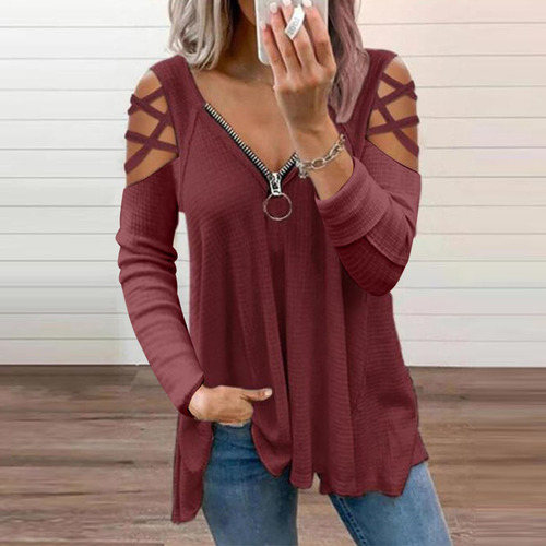 Blusa De Manga Larga De Color Sólido Con Cuello En V De Vera