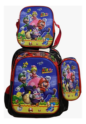 Combo Mochila Lonchera Lapicera 3d Con Luz Mario Bros Envío