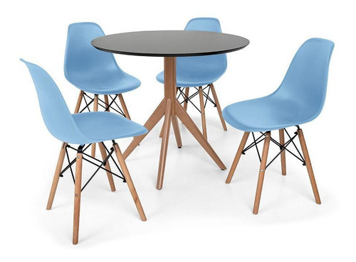 Kit Mesa De Jantar Maitê 80cm Preta Com 4 Cadeiras Eiffel Cor Azul-claro