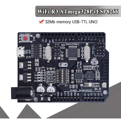 Placa Uno R3 + Wifi Atmega328p + Esp8266 (32mb)+ttl Ch340g