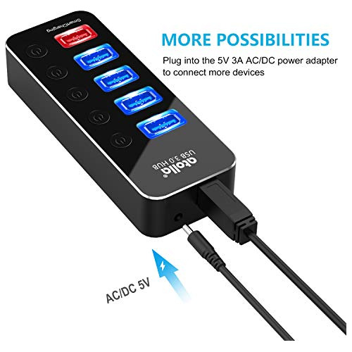 Hub Usb Alimentado, Atolla Aluminio De 5 Puertos Usb 3.0 Hub