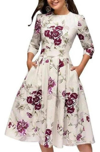 Elegante Vestido Floral Con Cuello Redondo