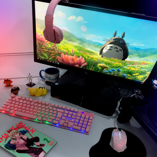 Kit Monitor 19'' Hdmi E Vga + Teclado E Mouse Rosa Gamer