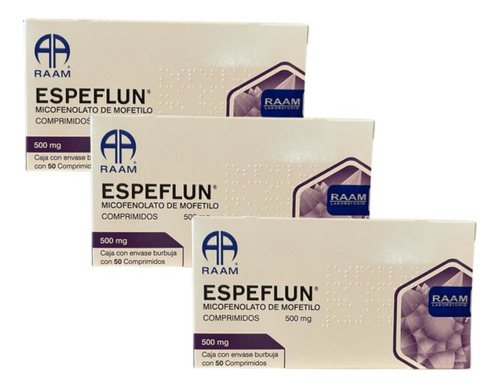 3 Cajas Espeflun Micofenolato Mofetilo 50 Comprimidos 500 Mg