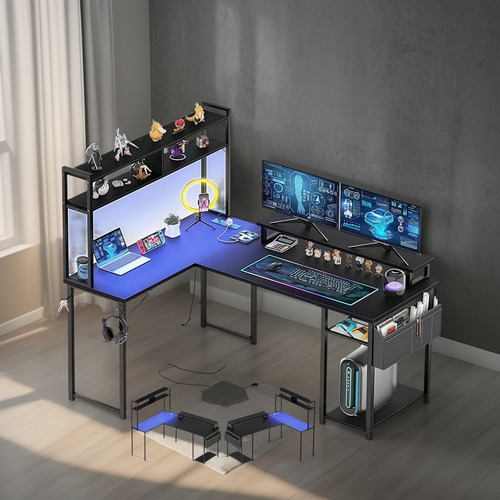 Escritorio De Computadora Reversible En L Con Carga Usb Led