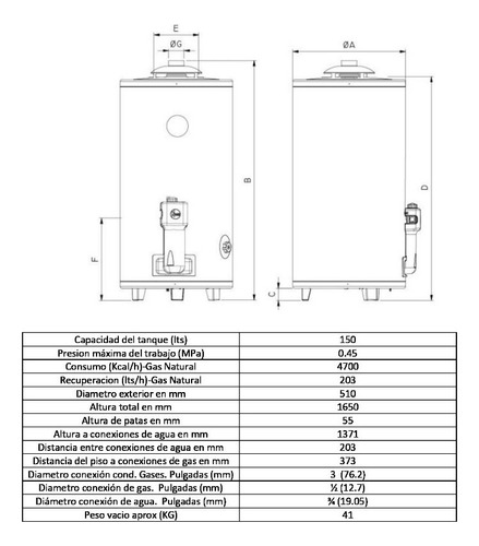 Termotanque A Gas Natural De Pie Rheem Tgnp150rh 150 Litros