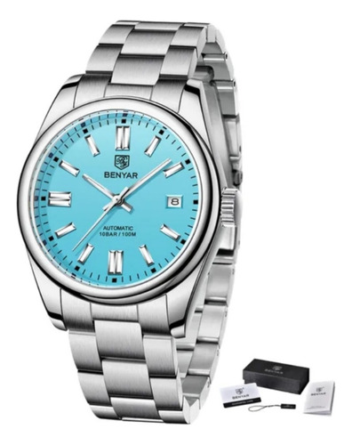 Relógio Benyar Automático By-5185 Cor Prata Com Fundo Azul 