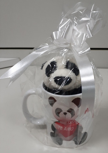 Caneca Porcelana 330ml + Ursinho Panda 15cm Com Frete Grátis