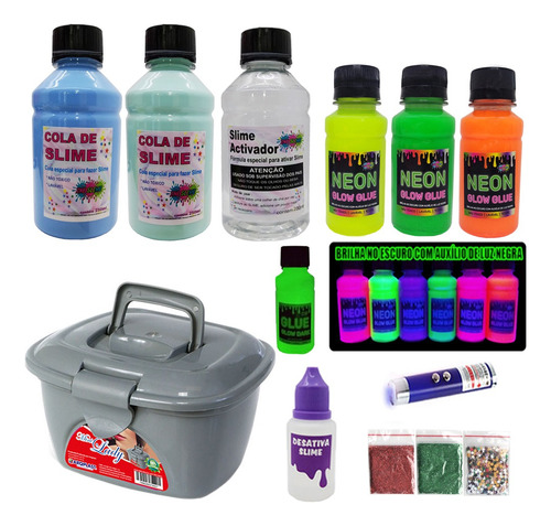 Kit Para Fazer Slime Colas Neon Novidade Com Maleta Prata