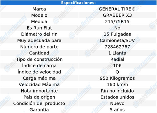 Llanta 215/75 R15 General Tire Grabber X3 106/103q