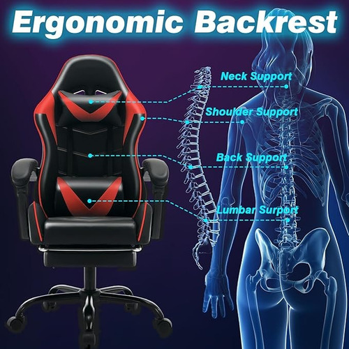 Silla De Juegos Ergonómica Con Reposapiés Y Reclinable Rojo Cuero Sintético