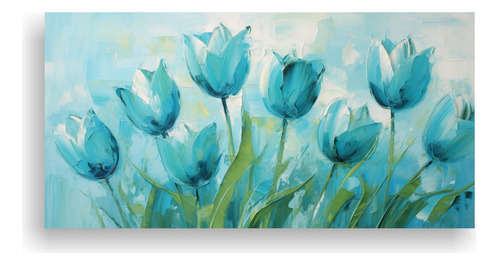 40x20cm Pintura De Tulipanes Turquesa En Lienzo Flores