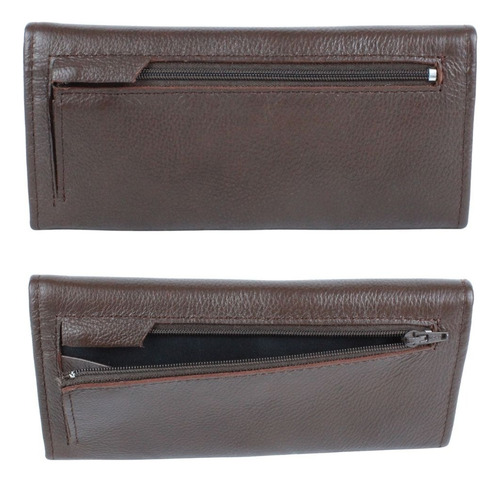 Cartera Tarjetero Monedero Mujer Cuero Cierre Slim Billetera Color Café Diseño De La Tela Liso