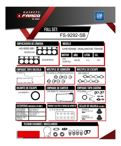 Juego Empacaduras Fraco Chevrolet 325 5.3 Vortec 1999 - 2000