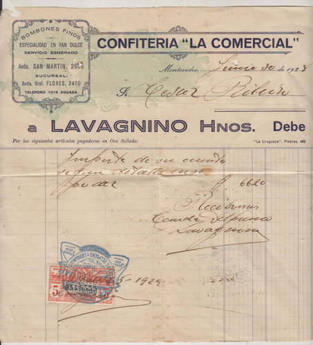 1929 Factura Confiteria La Comercial Montevideo Con Timbre 