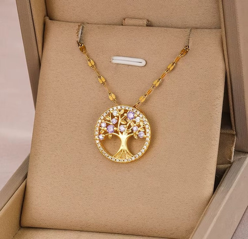 Collar Dije Arbol De La Vida Acero Inoxidable Chapa Oro 18k Dorado