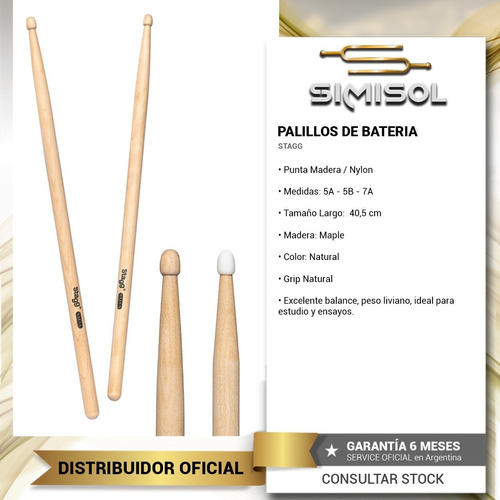Imagen 3 de 6 de Palillos Bateria 5a Punta De Madera Stagg Maple Sm5a Full