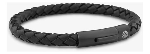 Pulseira Masculina De Couro Preto Trançado Em Aço - 20 Cm