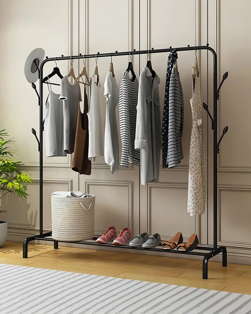 Lar Textil cabideiro de roupas arara organizador feito em aço cor preto
