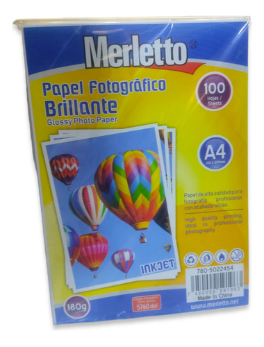 Papel Fotografico Brillante A4 180g 5760dpi 100 Hojas