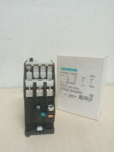 Contator Siemens 3tf43 10-0an1 22a 3p 1na