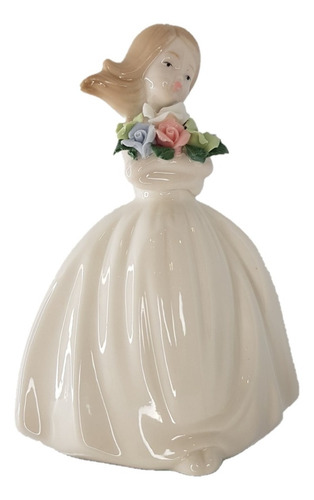Figura Dama Niña Muñeca Con Flores De Cerámica Y Porcelana.