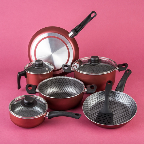 Imagen 2 de 4 de Batería De Cocina Cinsa Rojo Metálico Velvet Aluminio 10 Pzs