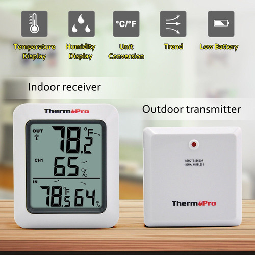 Imagen 2 de 7 de Termómetro Higrómetro Dual Interior Exterior Thermopro Tp-60