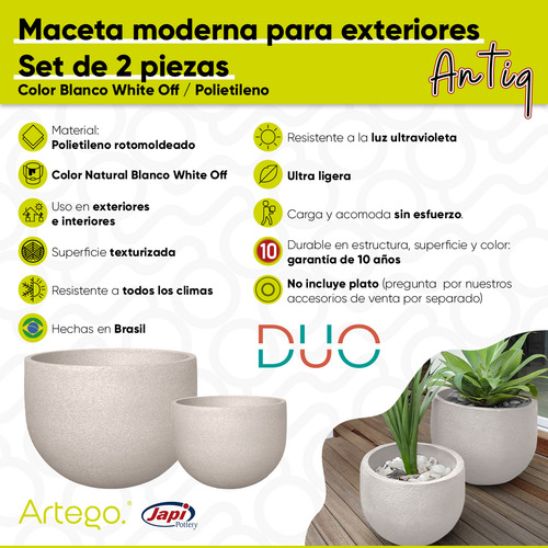 Macetas Modernas Set Duo 2 Piezas Para Exteriores Blanco White Off- Antiq De Polietileno Ultra Ligera Artego Japi Hecho En Brasil