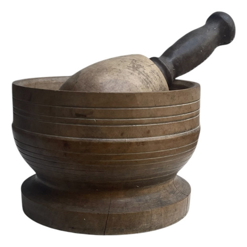 Mortero Más Mazo Antiguo Madera Maciza Y Cuero (Usado)