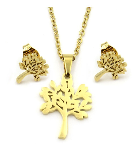 Set De Joyeria Dorado Cadena Aretes Dije Arbol Vida