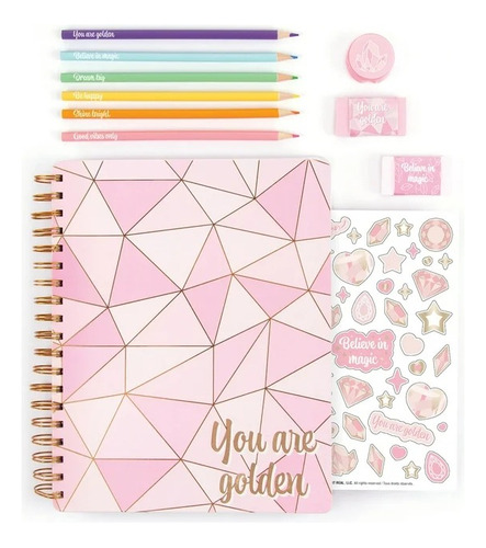 Libreta Rosada Cuaderno Make It Real Con Lapices Sticker+