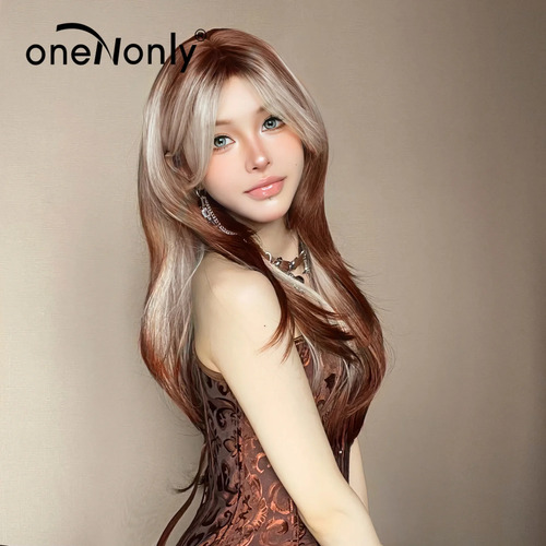 Wig Oneonly Cabello Largo Y Liso Con Mechas Marrones...