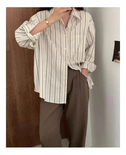 Camisa De Manga Larga Con Botones A Rayas Para Mujer