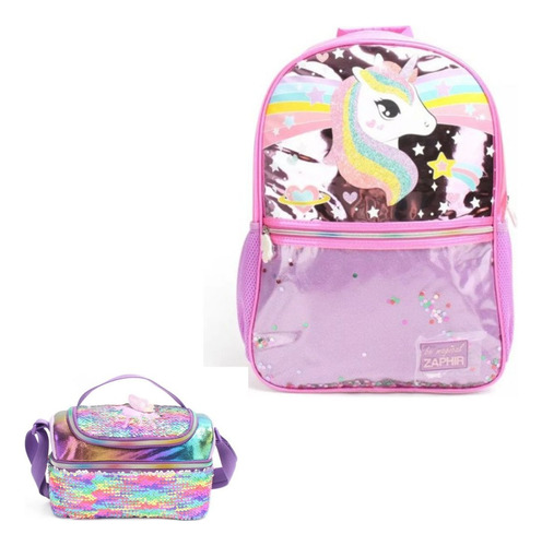 Combo Mochila Espalda 18 Con Lunchera De Unicornio Glitter Color Rosa Diseño De La Tela Rayado