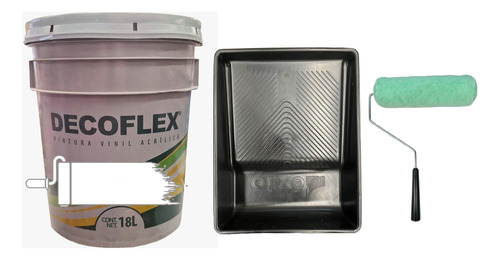 Cubeta De Pintura Vinil Decoflex 18lts Con Charola Y Rodillo Blanco Mate