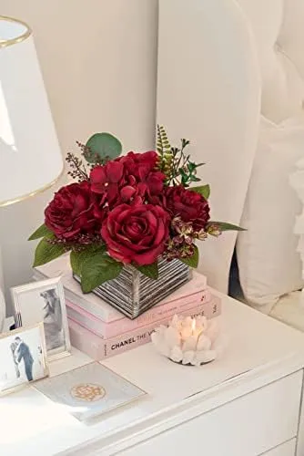 Arreglo Floral Con Jarrón De Madera, 8 Flores Artificiales E