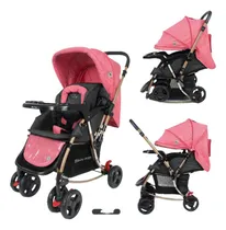 Comprar Coche Cuna Para Bebes Reclinable Mango Reversible Babykits Color Rosa Chasis Plomo