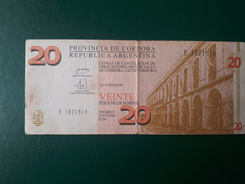 Billete Bono Cordoba Lecop $20 2003 Serie D