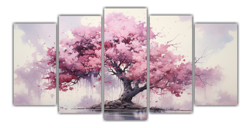 150x75cm Conjunto 5 Cuadros Bosque Rosa Abstracto Flores