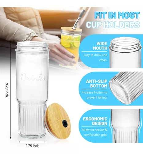 Vaso De Vidrio Reutilizable 950 Ml Tapa Y Popote