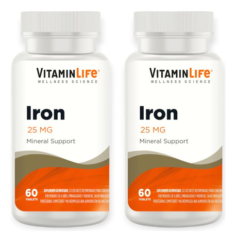 2 Frascos Iron 25mg Soporte De Minerales Hierro Vitaminlife