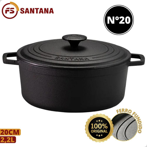 Panela De Ferro Caçarola 2,2l C/ Tampa De Ferro 20cm Santana