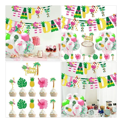 Happy Birthday Banner Balloons Hawaiian Decoration Top Hat