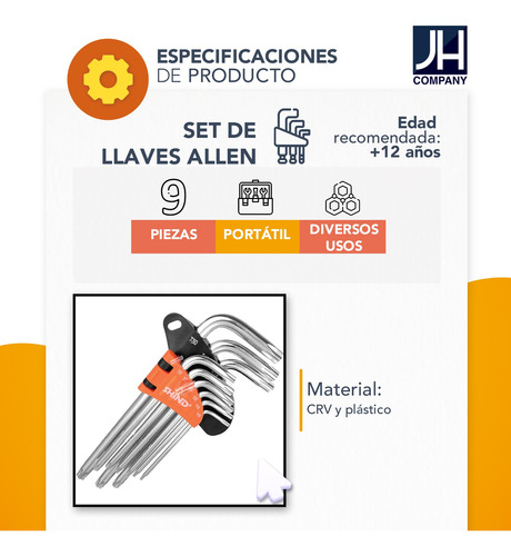 Juego De Llaves Hexagonales Largas Punta De Bola 9 Pcs 11469