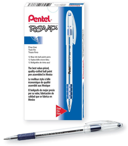 12 X Pentel R.s.v.p. Ballpoint Pen, 0.7mm Fine Tip, Blue In