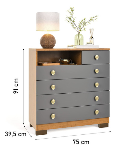 Cômoda 5 Gavetas Select Para Quarto Adulto Multiuso Cor Cinza/nature