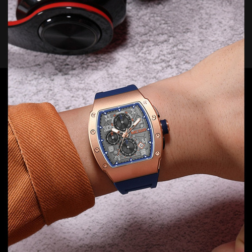 Reloj De Cuarzo Megir Luminous Calendar Con Cronógrafo Color De La Correa Azul/oro Rosa